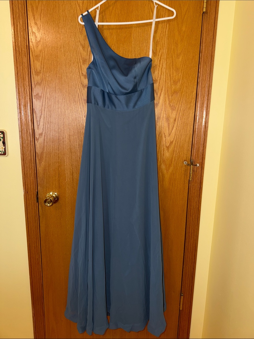 David's Bridal One-Shoulder Dusty Blue Formal Gown
